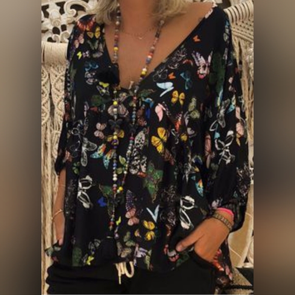 Bohemian~Black Colorful Butterfly Print V-neck Blouse - Picture 1 of 13